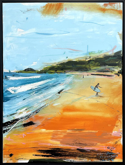Christian Nicolson nz abstract landscape artist, surfer at Pakiri, acrylic on canvas